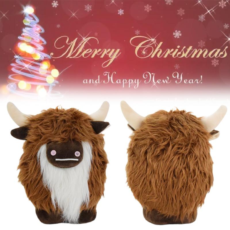 Adorable Plush Highland Cow Decorative Figure With Brown And White Facial Features