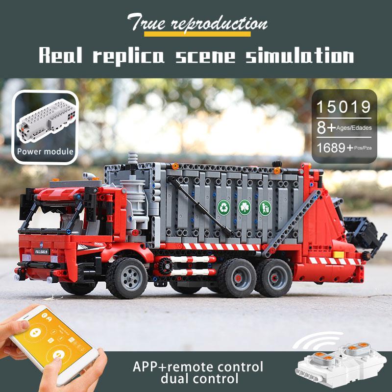MOULD KING 15019 Технический автомобиль, игрушки для мальчиков, моторизованная модель мусоровоза, строительные блоки MOC-38031, кирпичи, детские рождественские подарки
