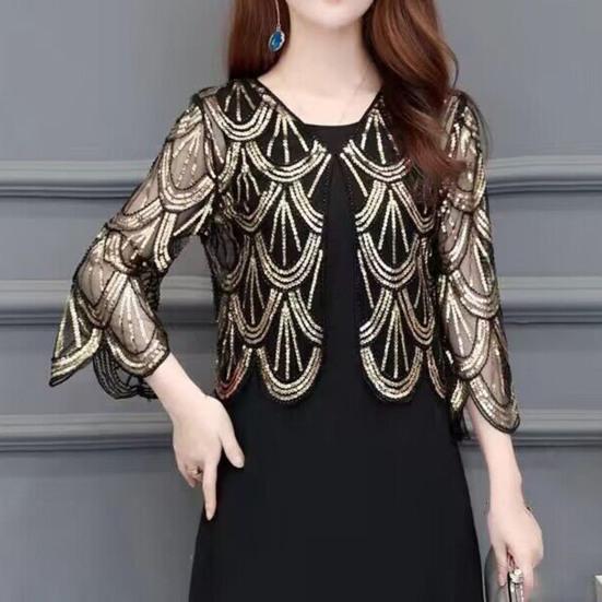 Женский кардиган с блестками, прозрачная сетка, свободные рукава с половиной рукава, симметричный тонкий V-образный вырез для выпускного, вечерние, летняя верхняя одежда, пальто