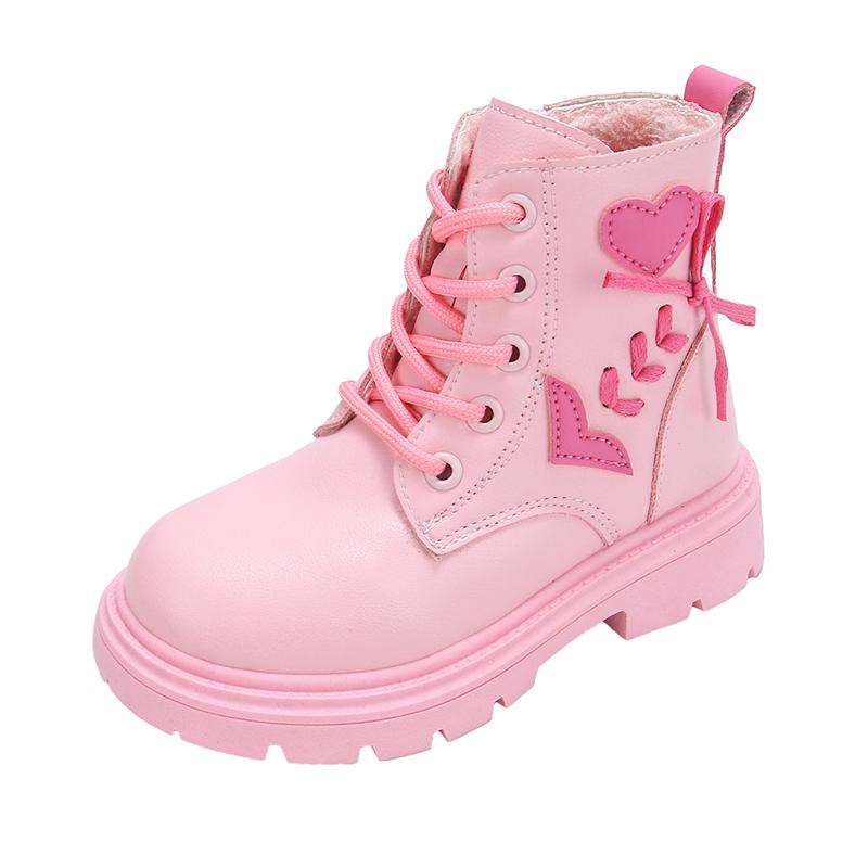 Children Fashion Boots Girls Ankle Boots Pink Elegant Zipper Cool Love Pattern Kids Princess Leather Boots Non-slip Size 26-37