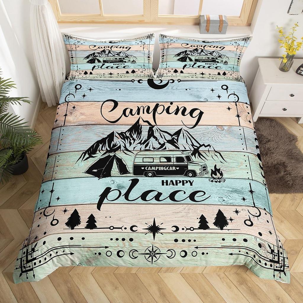 Hand Painted Mountain Decor Duvet Cover Set Queen King Size Happy Camping Kids Bedding For Boys Girls 3 Pcs With 2 Pillowcases