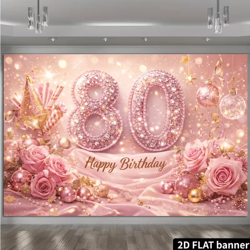 2D Glitter Pink Silk & Rose 80th Birthday Photography Background