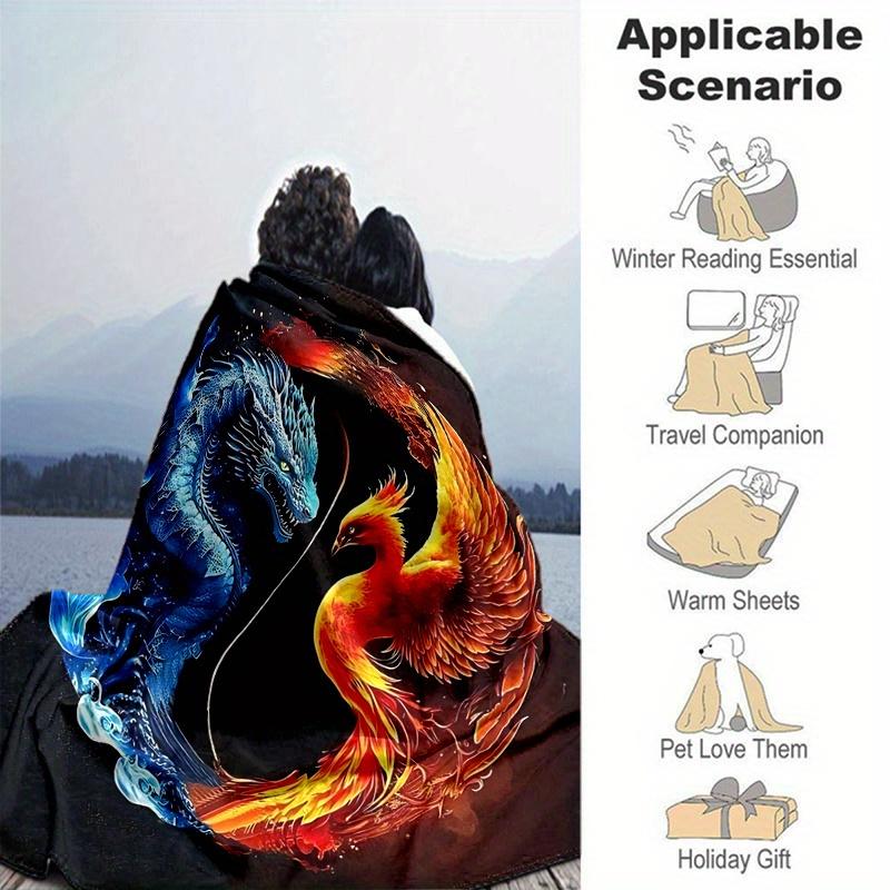 1pc Blue Dragon and Red Phoenix Blanket Soft Throw for Home Decor, Gift Idea,Living Room, Travel, Camping