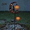 Outdoor Decorative Metal Stakes Solar Halloween White Ghost Pumpkin Moon Garden Stake Light, Waterproof LED Crescent Cat Lanterns Yard
