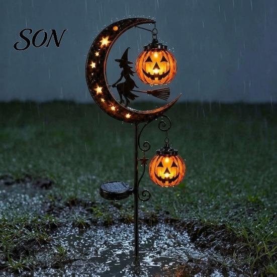 Outdoor Decorative Metal Stakes Solar Halloween White Ghost Pumpkin Moon Garden Stake Light, Waterproof LED Crescent Cat Lanterns Yard