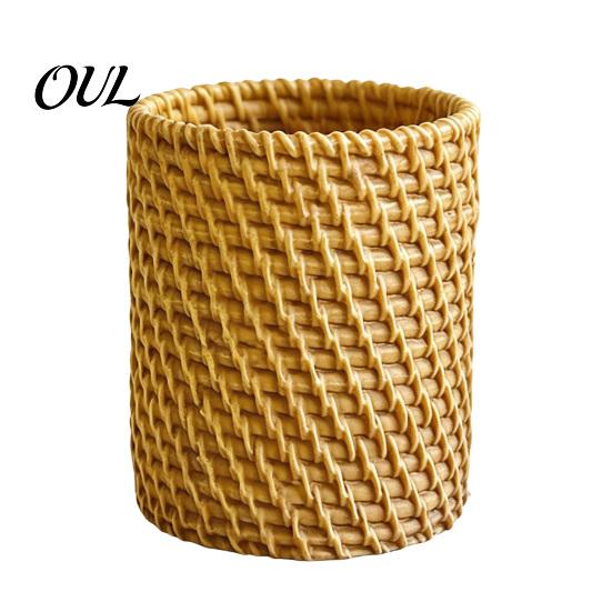 Pencil Storage Box Faux Rattan Pen Holder, Woven Style Makeup Brush Boho Creative Holder Desktop Organizer, Multi-functional Resin Cup for Home Office