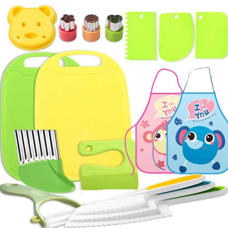 17PCS Kids Kitchen Playset Toddler Safe Plastic Knife Set Toy Cutlery Cutting Board Play Food Pretend Cooking Utensils Gift for Boys Girls