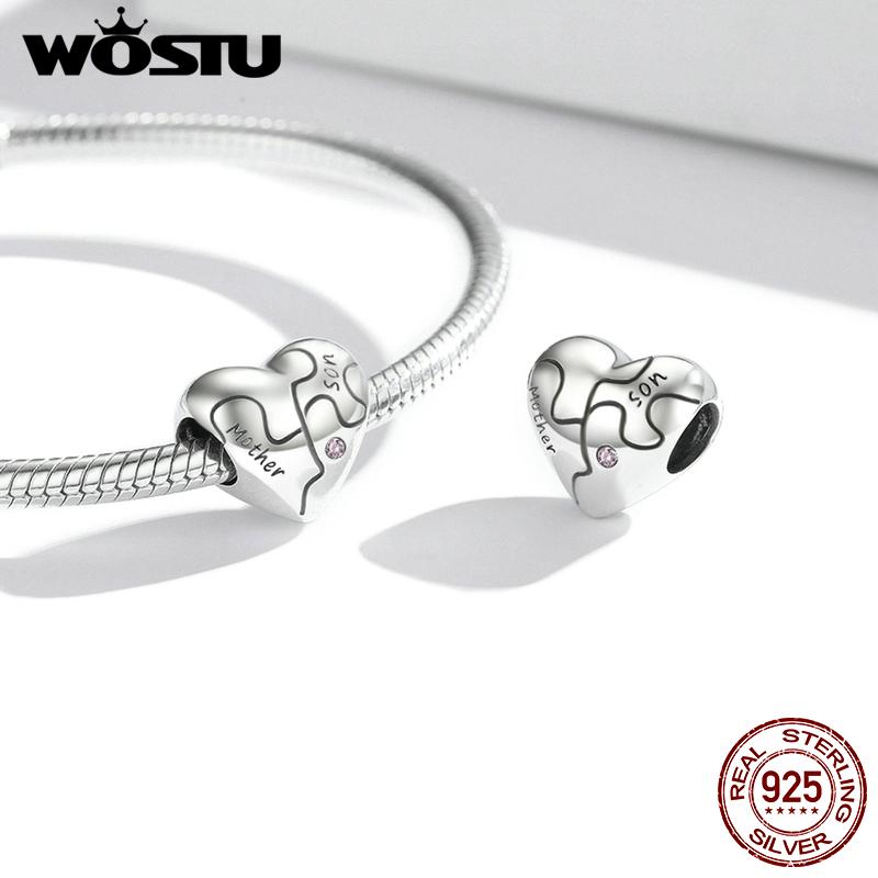 WOSTU 2021 925 Sterling Silver Love Jigsaw Lettering Mother Son Pendant Charm Beads Fit Original Bracelet DIY Jewelry CQC1976