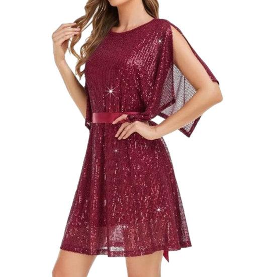 Women Prom Dress Half Split Bat Sleeve Round Neck Loose Shiny Sequin Double-layered Belted Tight High Waist Soft Club Party Lady Mini Dress