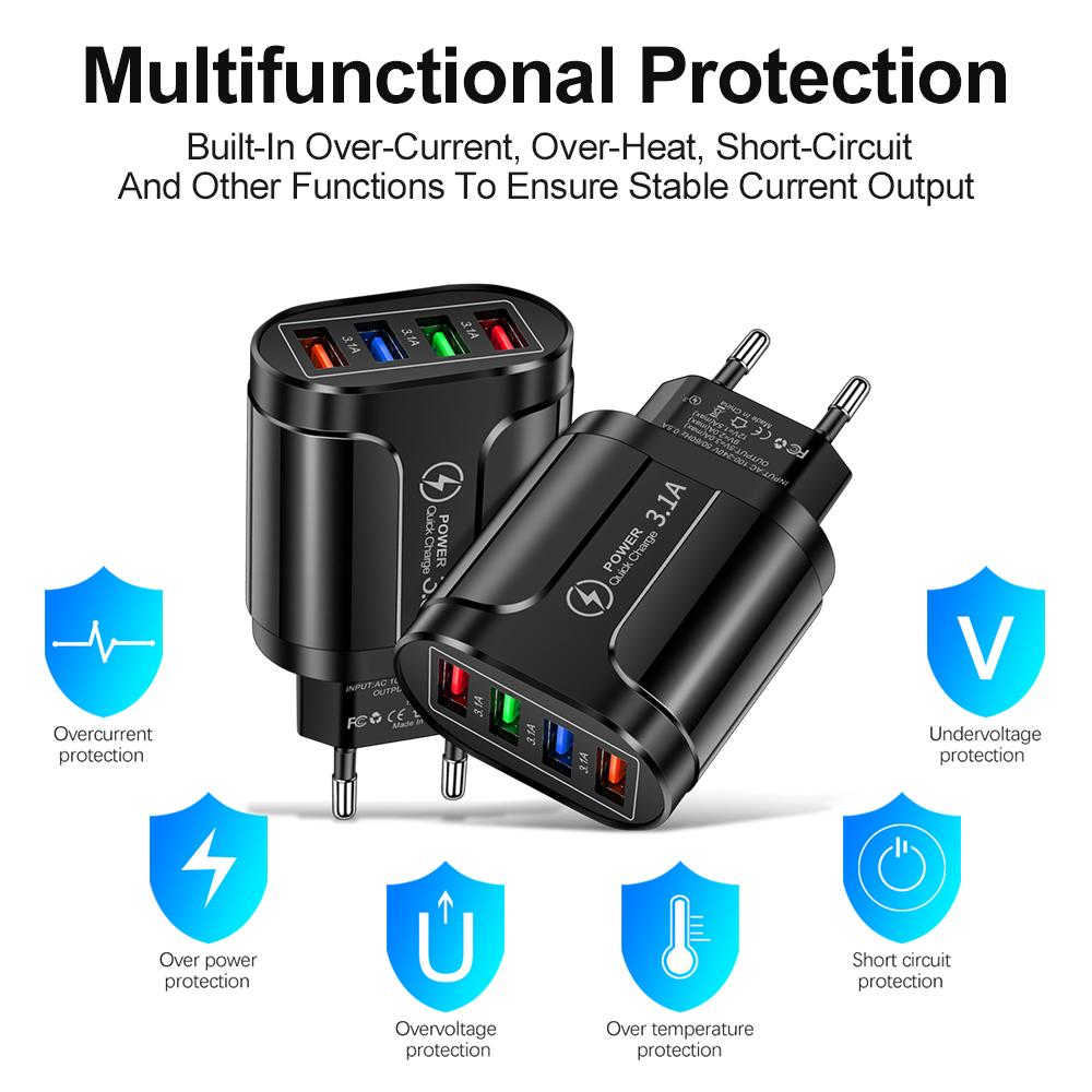 3.1A 4 порта USB дорожное зарядное устройство быстрая зарядка QC 3.0 настенная зарядка для iPhone 14 13 Samsung Xiaomi мобильный штекер зарядный адаптер