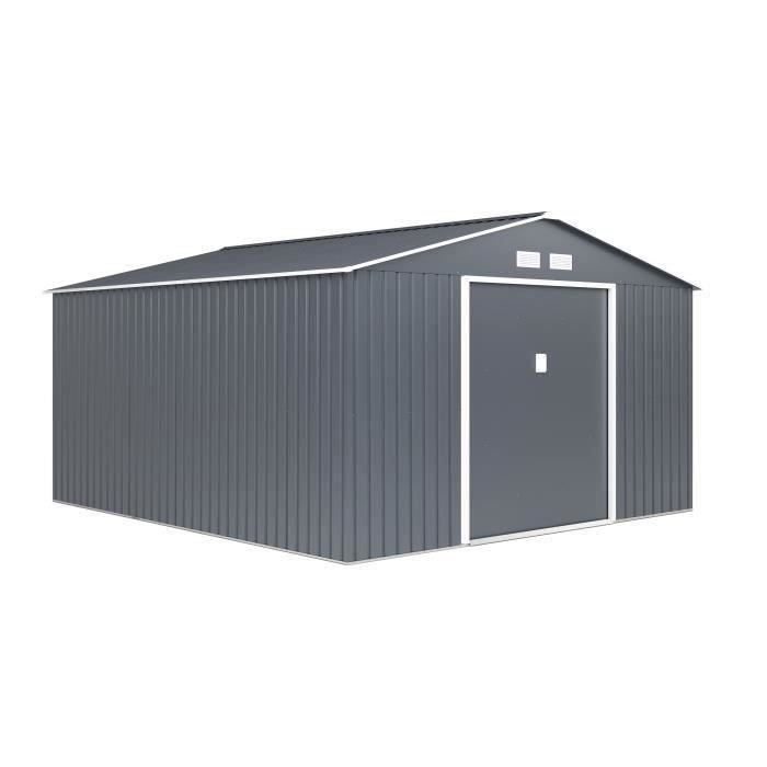 Metal Garden Shed 12.99 M² - 340 X 382 X 210 Cm - NEPTUNE - Anchoring Kit Included, 2 Sliding Doors - Grey