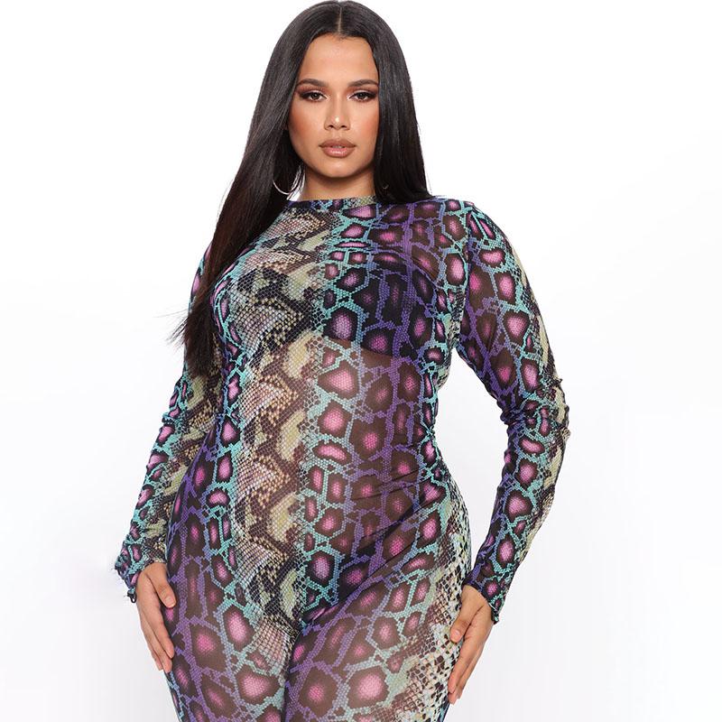 Женский сексуальный сетчатый комбинезон со змеиным принтом и длинными рукавами, прозрачный комбинезон