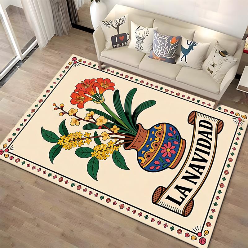 Floral Vase Print Rug with "La Navidad" Text and Festive Design Suitable for use as an anti-slip for living room bedroom sofas