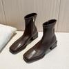 European Station~ Huge Skinny!! Popular Short Boots Women's Casual Middle Heel Square Head Skinny Boots Retro Thick Heel Elastic Boots