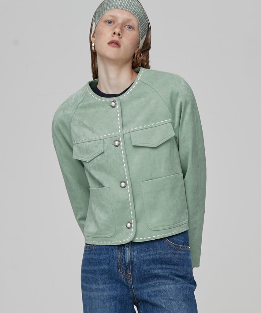 En Or Line Stitch Crop Jacket - Green