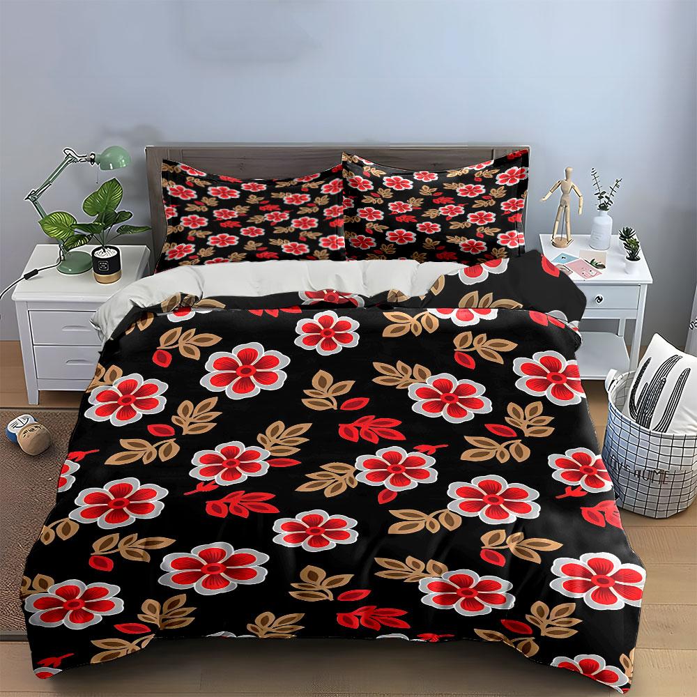 Red Floral Black Bedding Set Bedding Duvet Cover Set Duvet Cover Pillowcases (1 * Duvet Cover 2 * Pillowcases, without duvet insert)