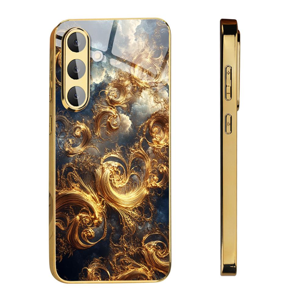Позолоченный чехол для телефона из закаленного стекла, совместим с Galaxy S26, S25, S24, S23 и S22 Ultra Plus. Имеет золотой текстурированный дизайн