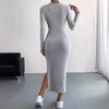 Autumn and Winter Long Sleeved Round Neck Split Knit Long Dress