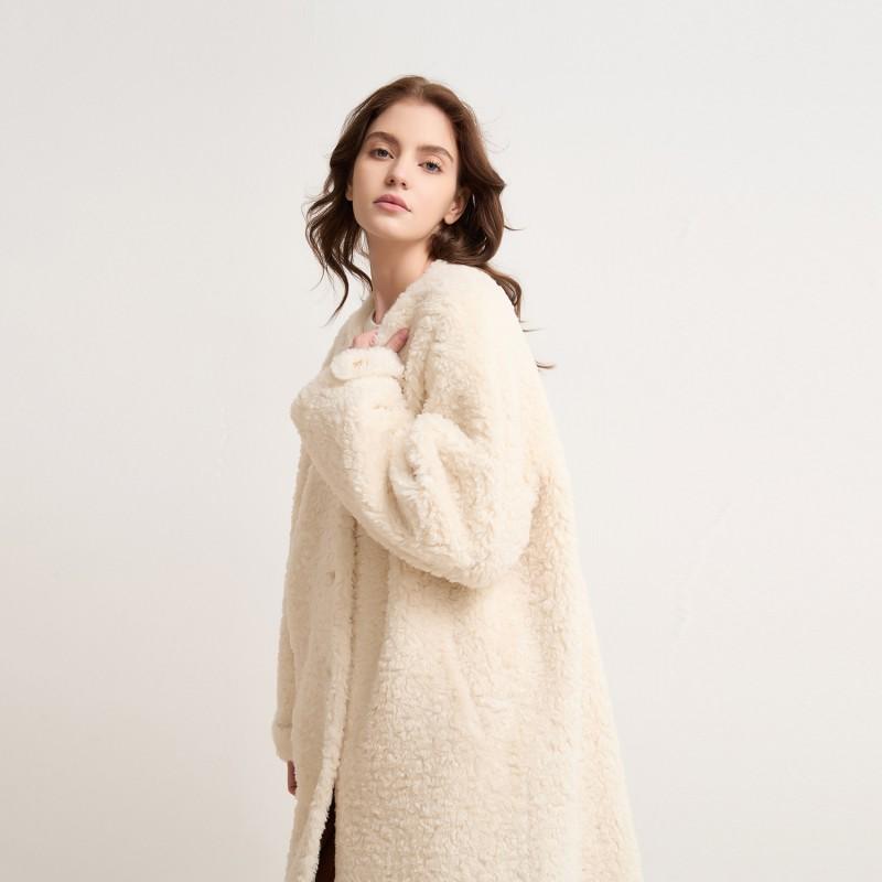 Womens Winter Faux Fur Coat Loose Fit Round Neck Mid-Length Solid Color Fleece Outerwear