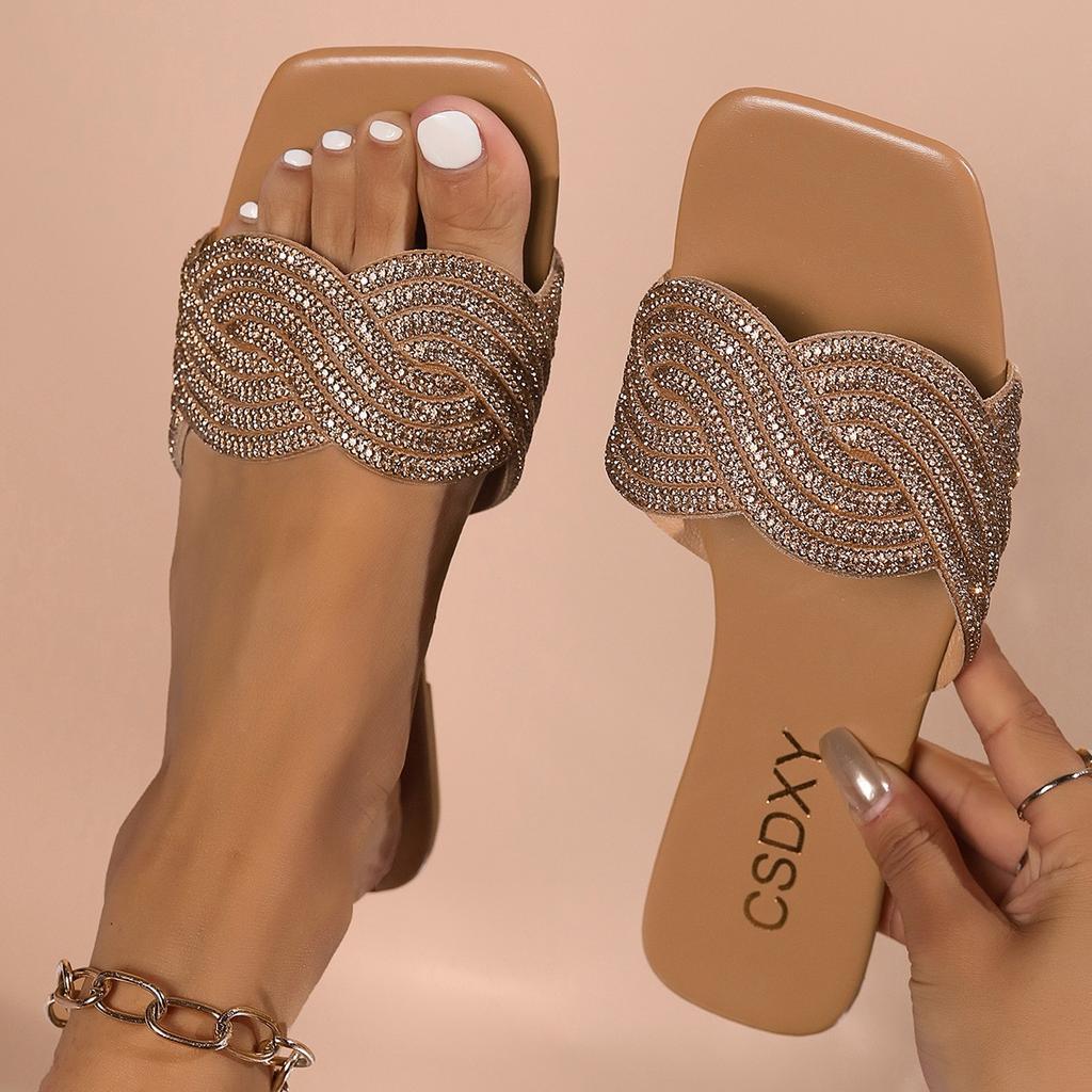 Большие размеры, Тапочки, Женские, Стразы, Плоская подошва, Сандалии, Верхняя одежда, Квадратный носок, Сандалии