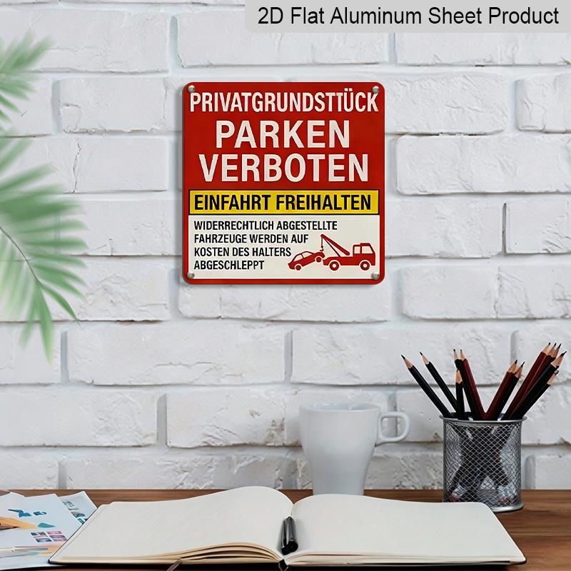 2D Flat - Vintage Metal Aluminum Sign - Retro Wall Decor with German "Privatgrundstück Parken Verboten" Parking Restriction Notice, Ideal for Garage