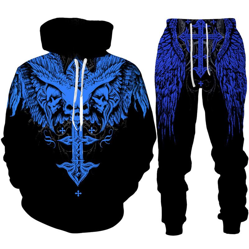 Готическая толстовка с принтом черепа/спортивный костюм с 3D-принтом, модная мужская мотоциклетная байкерская спортивная одежда, комплект крутой толстовки с графическим рисунком + костюм для брюк