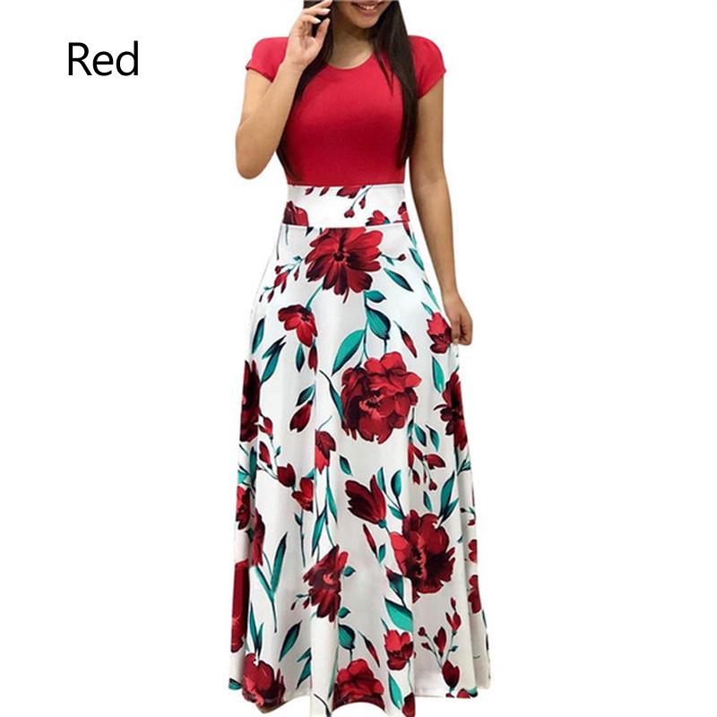 Women Short Sleeve Vintage Floral Dress Skirt Party Long Beach Clothes Maxi Crew Neck S-3XL