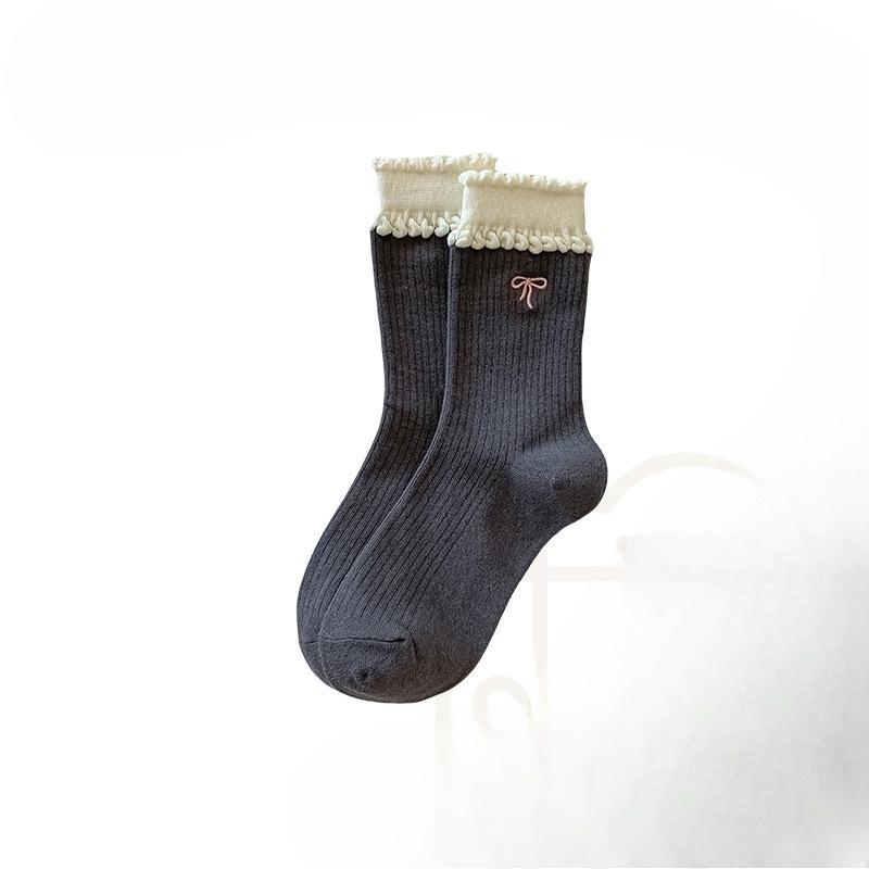 Women's Spring, Autumn and Winter Pure Cotton Mid-calf Socks, Cute Bubble Lace Pile Long Socks