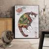 Solid Wood Frame Japanese Floating Samurai Cat Canvas Painting Retro Style Posters and Prints Wall Art Pictures for Living Room Wall Decor