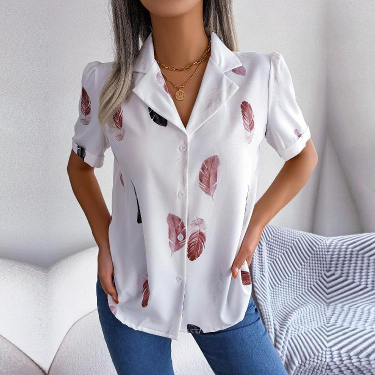 Women's Summer Casual Loose Feather Collar Short Sleeve Blouse Top All Match Shirt Suit