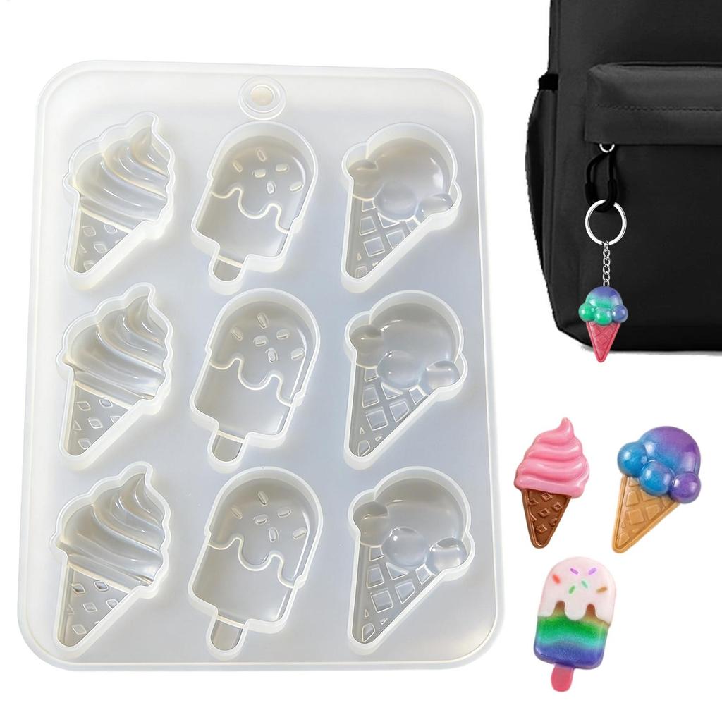 Ice Cream Shape Silicone Mold 9-Cavity Resin Mould for DIY Keychain Pendant Jewelry Fondant Candy Baking Craft Making