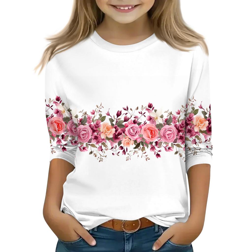 Топы с принтом для девочек 5-16 лет с круглым вырезом и рукавами 3/4 Футболки Модные топы Наряды Футболки