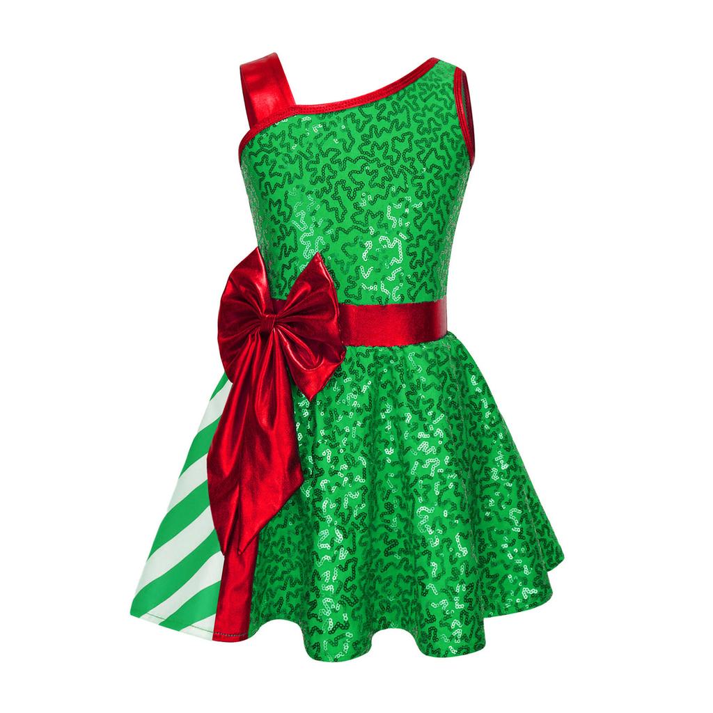 Kids Girls Sequins Christmas Dress Xmas New Year Dress Big Bow Stripe Stage Performance Santa Clause Party Dancewear