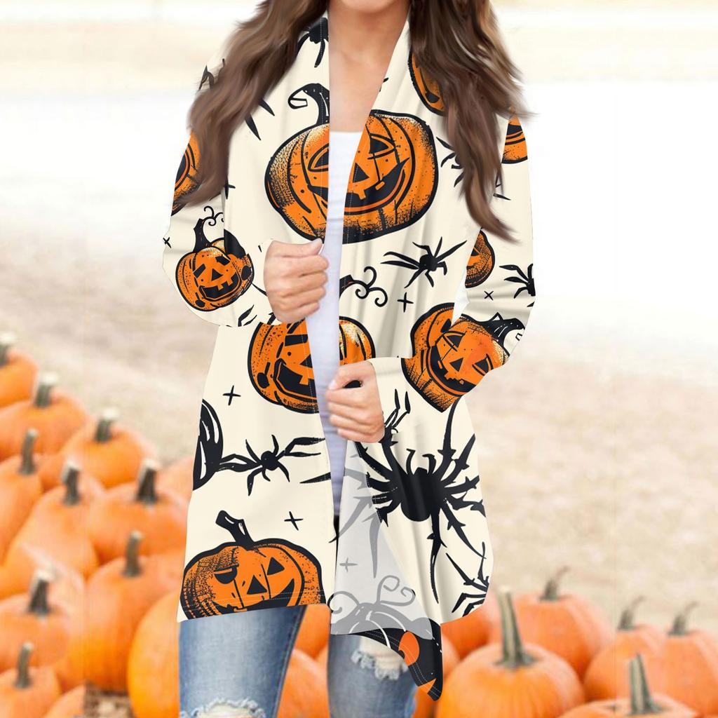 Женская модная повседневная куртка-кардиган средней длины с принтом на Хэллоуин и нерегулярным подолом
