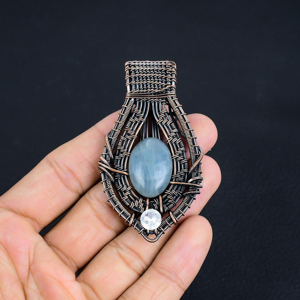Aquamarine 999 Copper Wire Wrapped Pendant, Handmade Gemstone Pendant Jewelry, Gifts For Wife Brand New Pendant