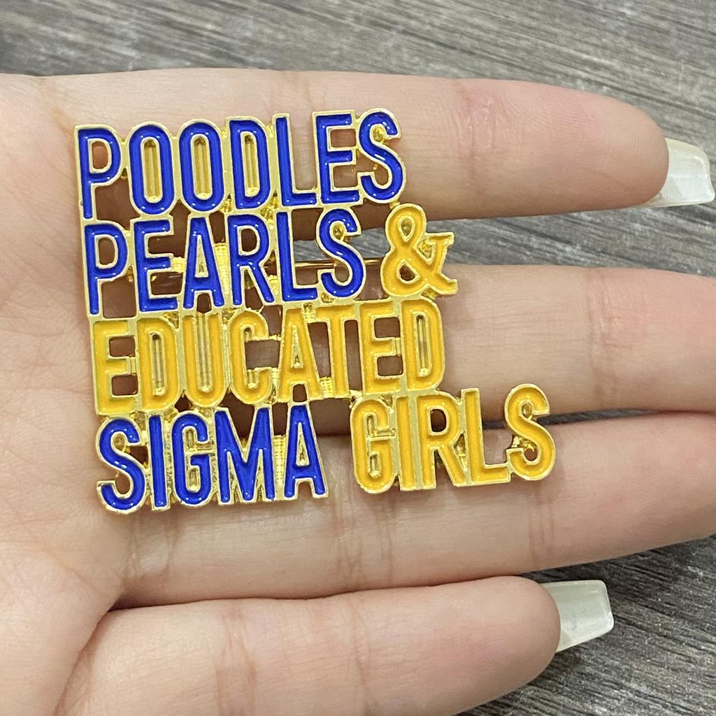 SGRHO Poodles Pearls Sorority Lapel Pin Blue Yellow Enamel Greek Sigma Gamma Rho Letters Alloy Brooch for Wedding Occasions Gift
