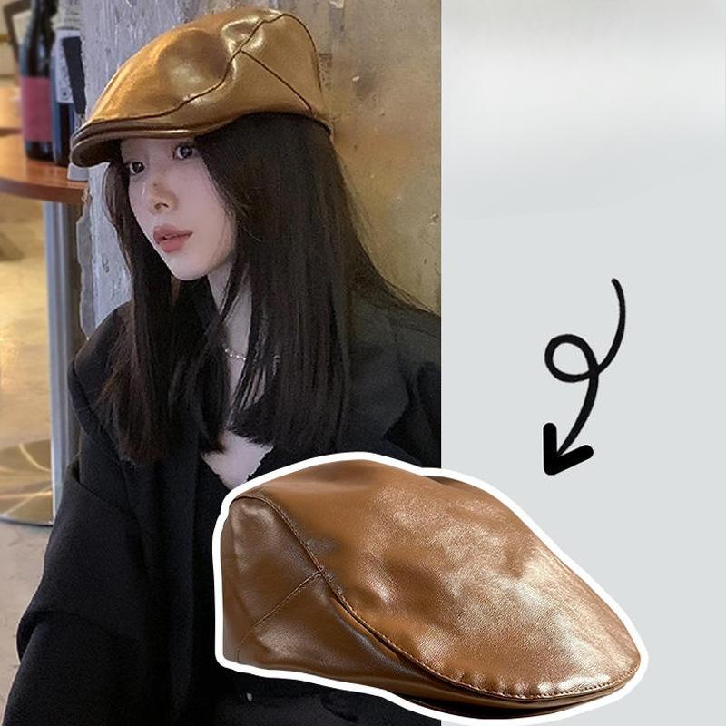 Hat Women's PU Leather Forward Hat Autumn and Winter British Retro American Newspaper Bee Hat Street Versatile Painter Duck Tongue Beret Hat
