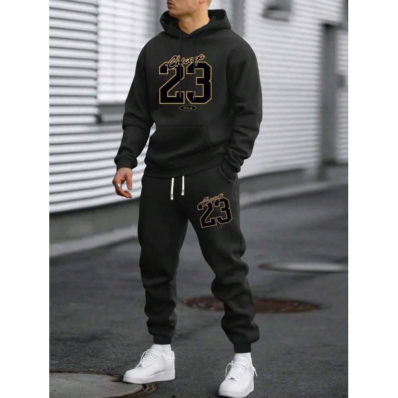 Hot Trend Winter Unisex Loose Fleece Hoodie Set Printed Hip Hop Tracksuit