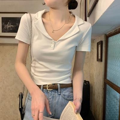 Женская летняя футболка Niche Waisted Positive Shoulder Slim Thin Lapel Revealing с короткими рукавами