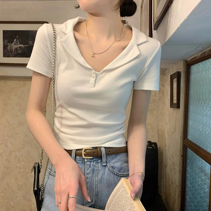 Женская летняя футболка Niche Waisted Positive Shoulder Slim Thin Lapel Revealing с короткими рукавами