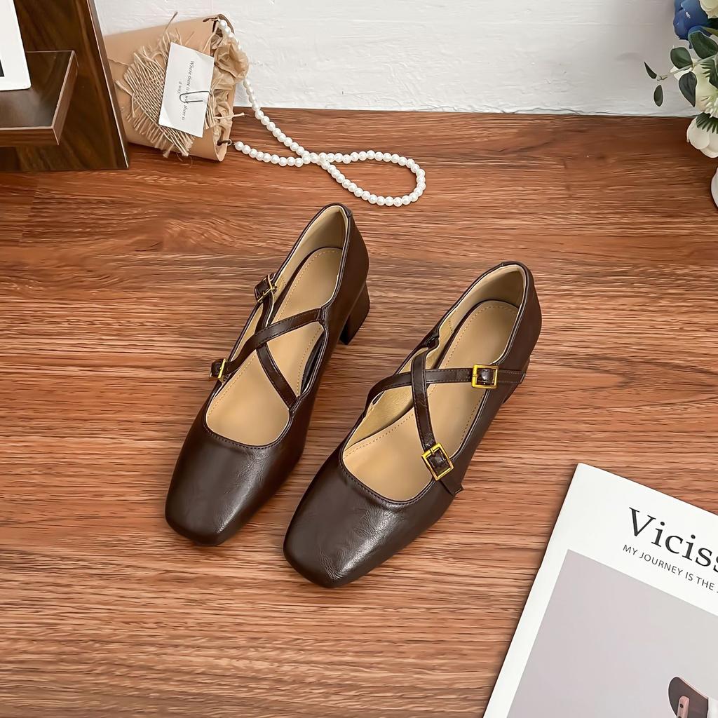 Виноградная мама ретро одинарная обувь женская 2025 весна новая Мэри Джейн квадратный носок женская обувь французский мягкая подошва высокий каблук уличная