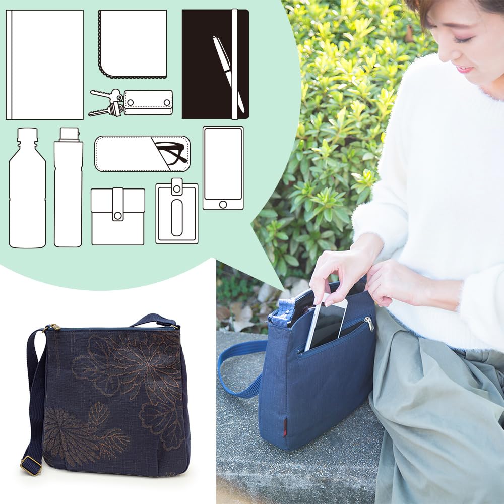 [creare Kiki] Женская сумка через плечо, легкая, сделано в Японии, в стиле кимоно, индиго, холст Киото, окрашенный хурмовым танином, креп, для мамы