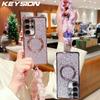 KEYSION Магнитный чехол для телефона с леопардовым принтом и блестками для Samsung Galaxy S21 S22 S23 S24 S25 S26 Ultra S26+ S25 FE с плюшевым шнурком, противоударный чехол
