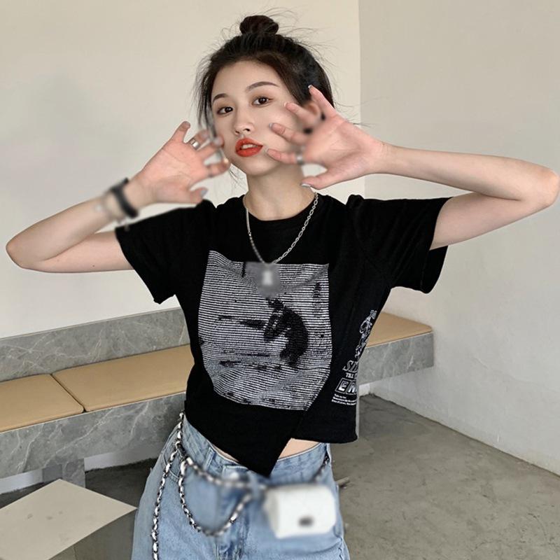 Короткая футболка с нерегулярной строчкой, женские летние топы с короткими рукавами и буквенным принтом, женские футболки