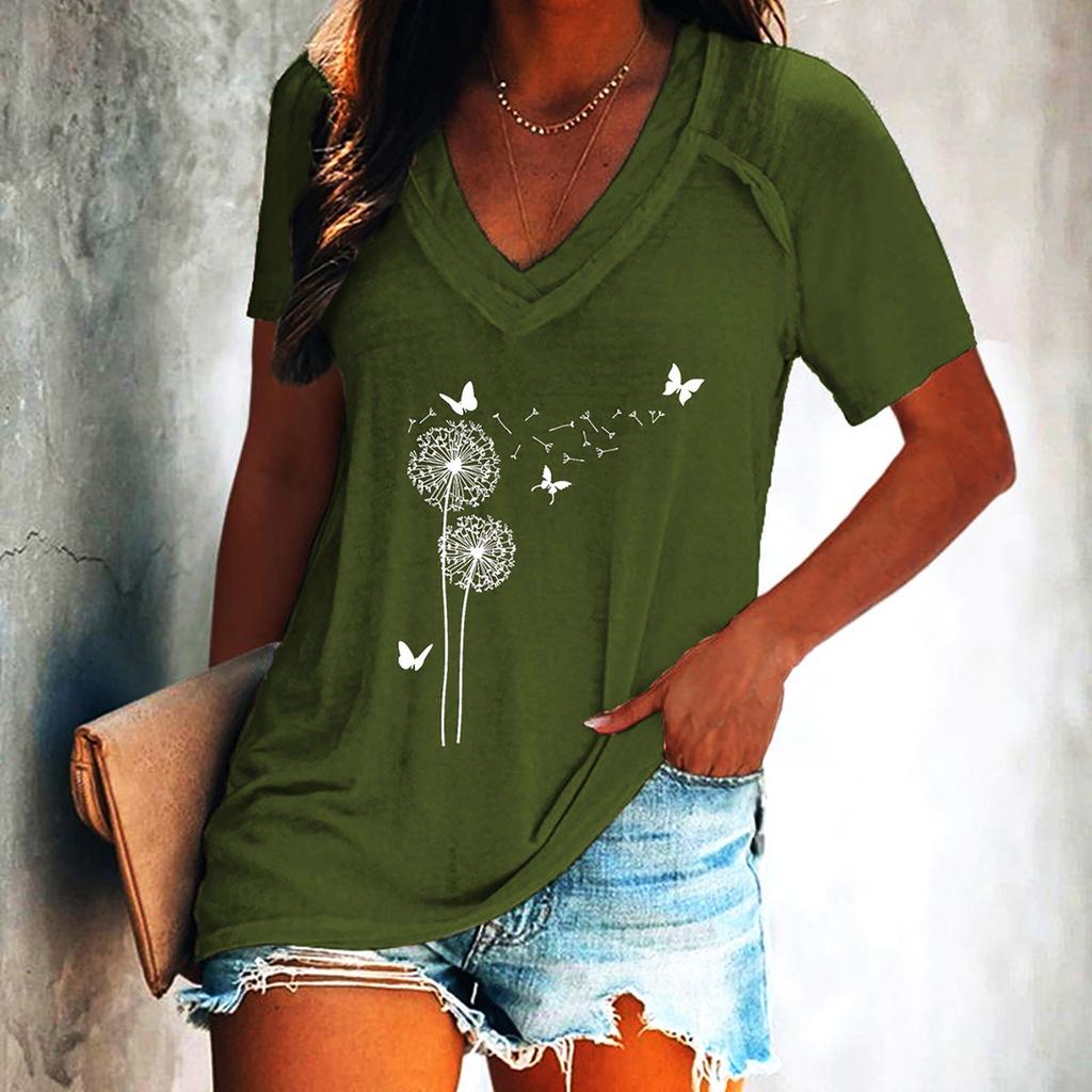 Women's Fashion V-neck Print Pullover Casual Short-sleeved T-shirt