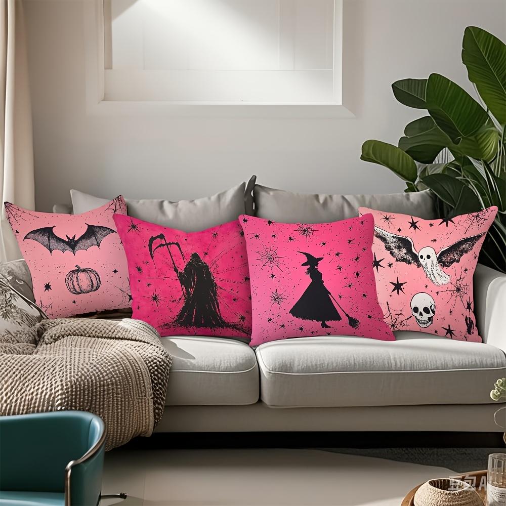 4Pcs Halloween Throw Pillow Covers - Spooky Bat, Witch, Ghost & Skull Print Design, 17.7X17.7 Inch Square, Zipper Closure, Machi