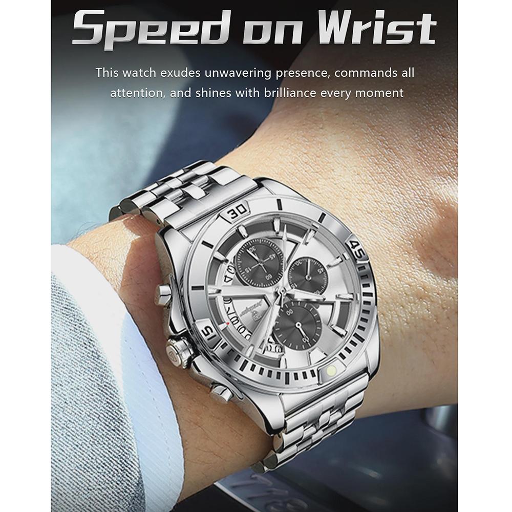 Steel Strap Business Watch Luminous Hands Waterproof Chronograph Calendar Analog Quartz Watch Gift for Male