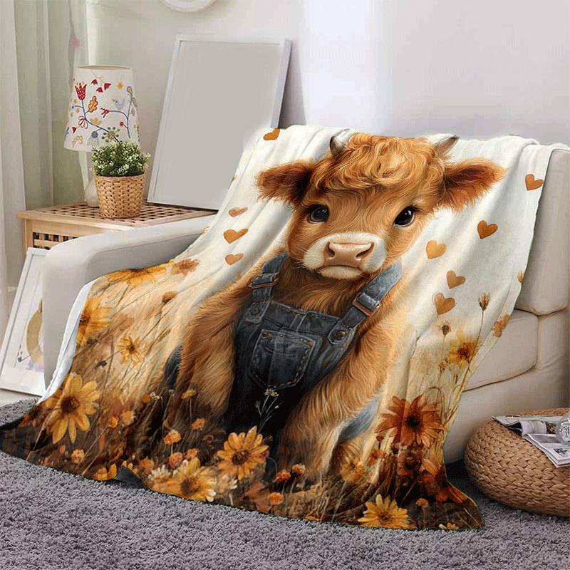 1pc Highland Cow Printing Lightweight Flannel Blanket, Comfortable and Warm Blanket, for Camping Sofa Bed and Couch Office, Suitable for Gift