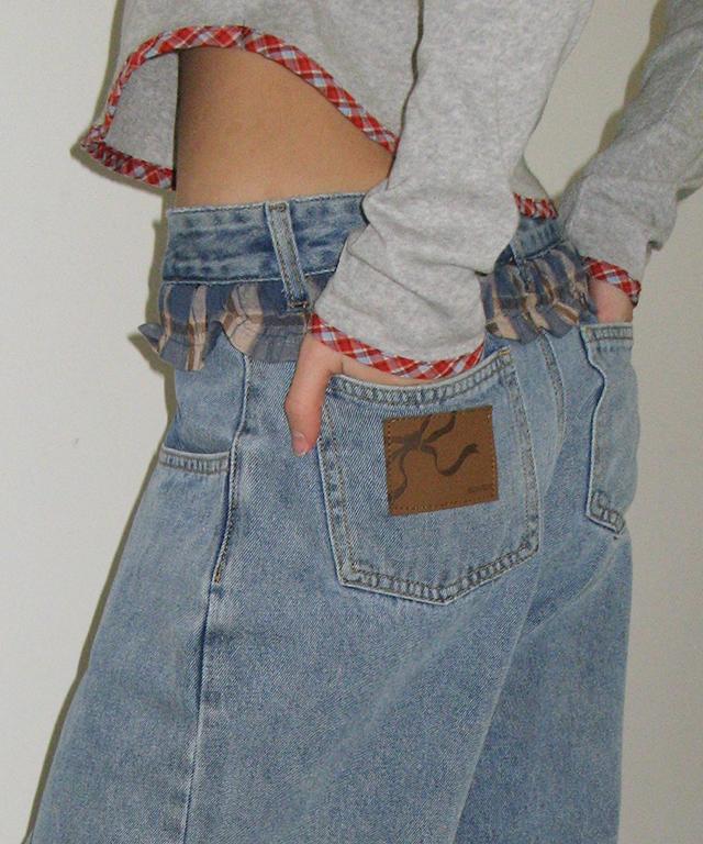Ronron Check Frill Layered Denim Pants Light Blue