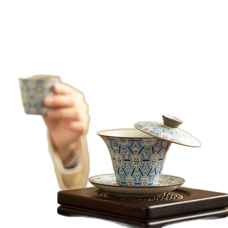 Blue and white moon white Ru kiln filigree silver hover three talent cover bowl can be rotated high-end Kung Fu tea set tea bowl tea art cup